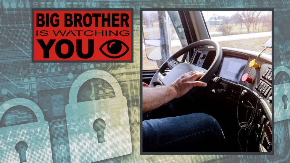 Illustration of data privacy, big brother concept, and truck driver behind the wheel