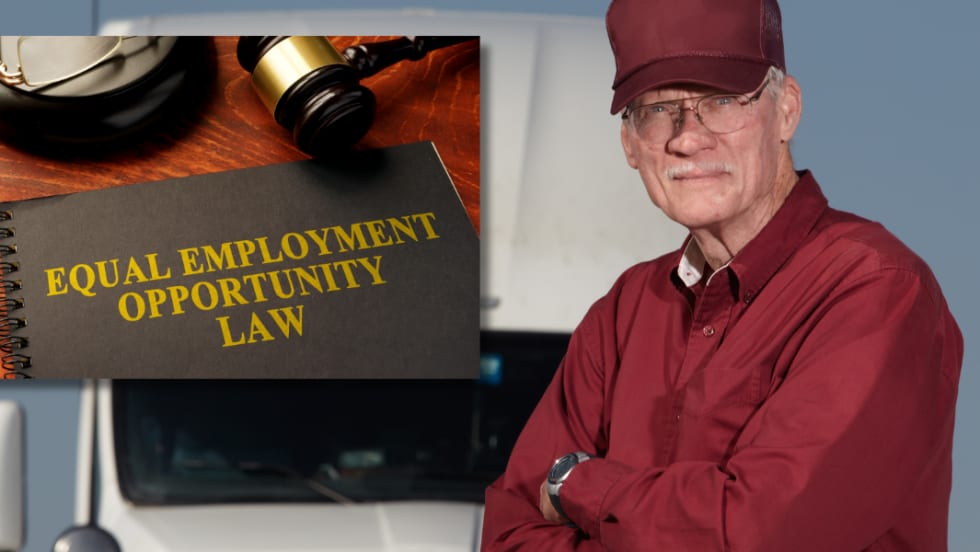 photo of older driver standing with arms crossed with truck in the background, with a photo illustrating equal opportunity law inset upper left.