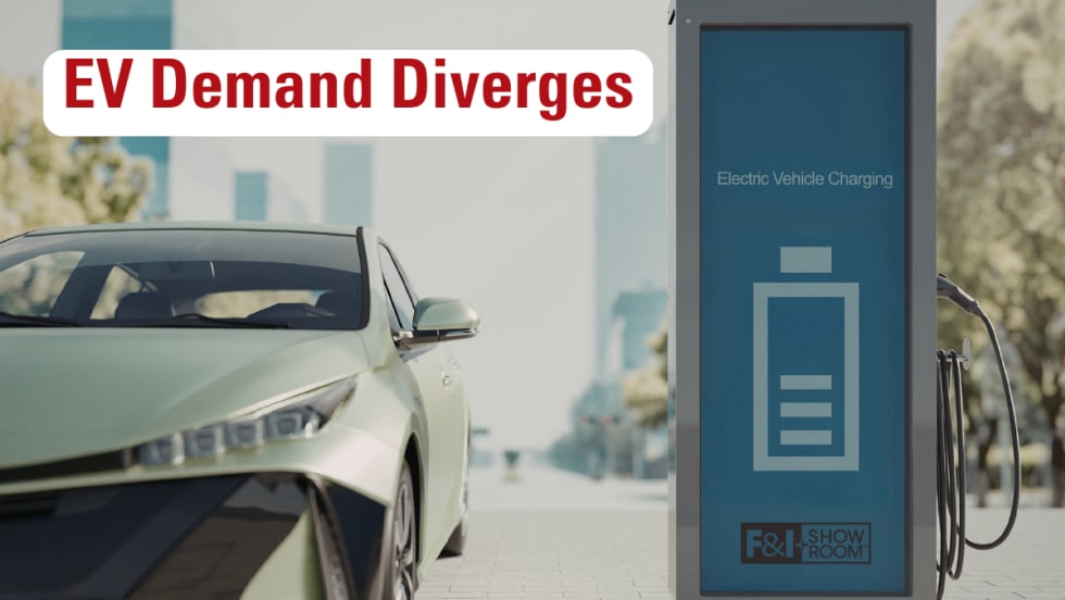 electric vehicle next to an urban charging station. EV Demand Diverges. F&I and Showroom logo