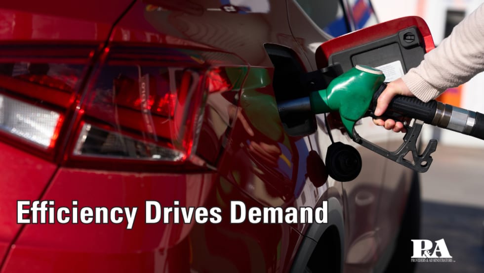 red car at a gas station being filled with gas. Efficiency Drives Demand. Providers and Administrators logo