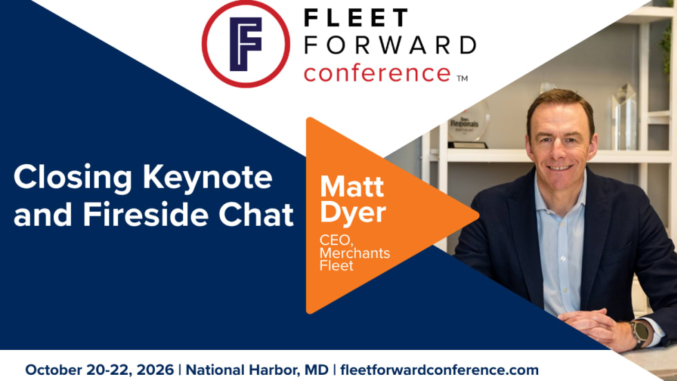 Promotional graphic for the 2026 Fleet Forward Conference featuring Matt Dyer, CEO of Merchants Fleet, speaking in a closing keynote and fireside chat in National Harbor, Maryland.