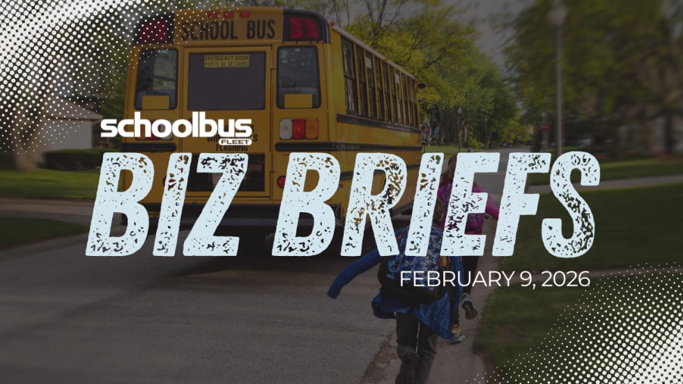 Children run toward a stopped yellow school bus on a residential street as a graphic overlay reads “School Bus Fleet Biz Briefs” with the date February 9, 2026, promoting an industry business news roundup.