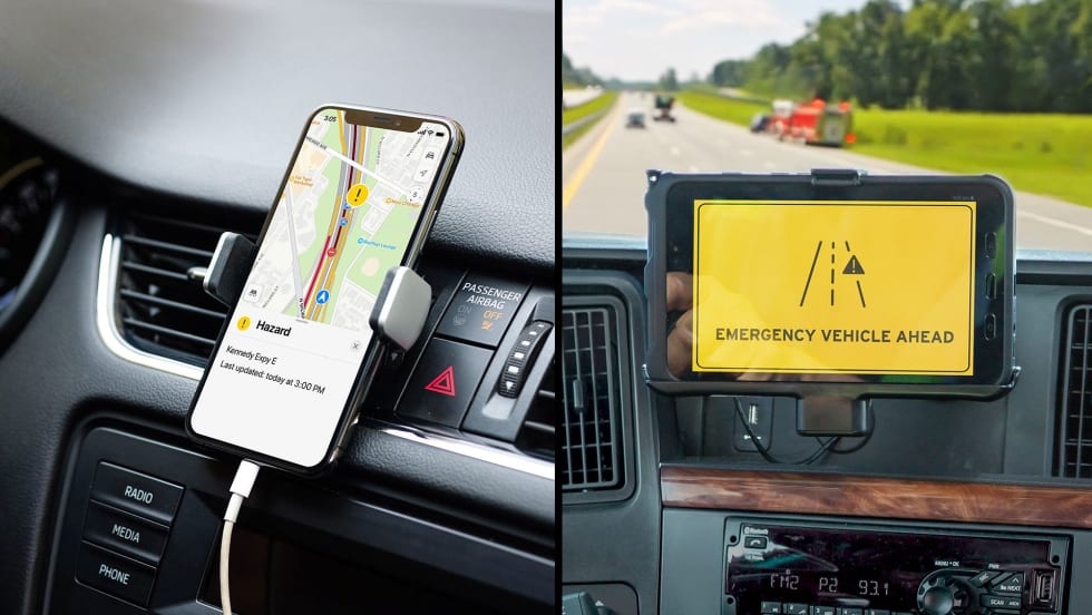 Mobile navigation and in-cab display showing digital roadside safety alerts warning drivers about hazards and emergency vehicles through the Fleetworthy and HAAS Alert integration.