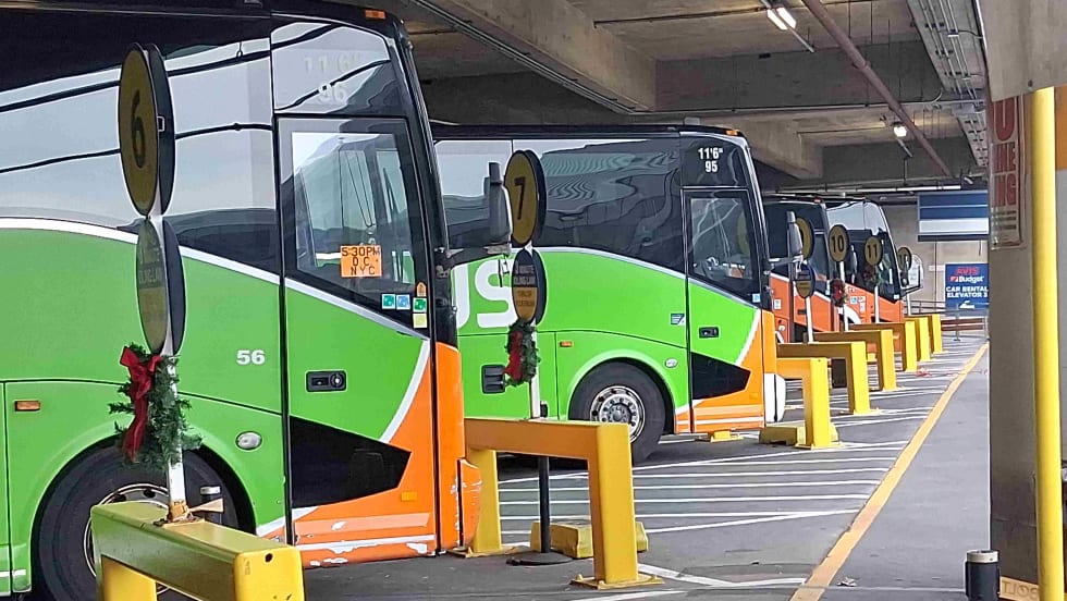 FlixBus vehicles in a parking garage.