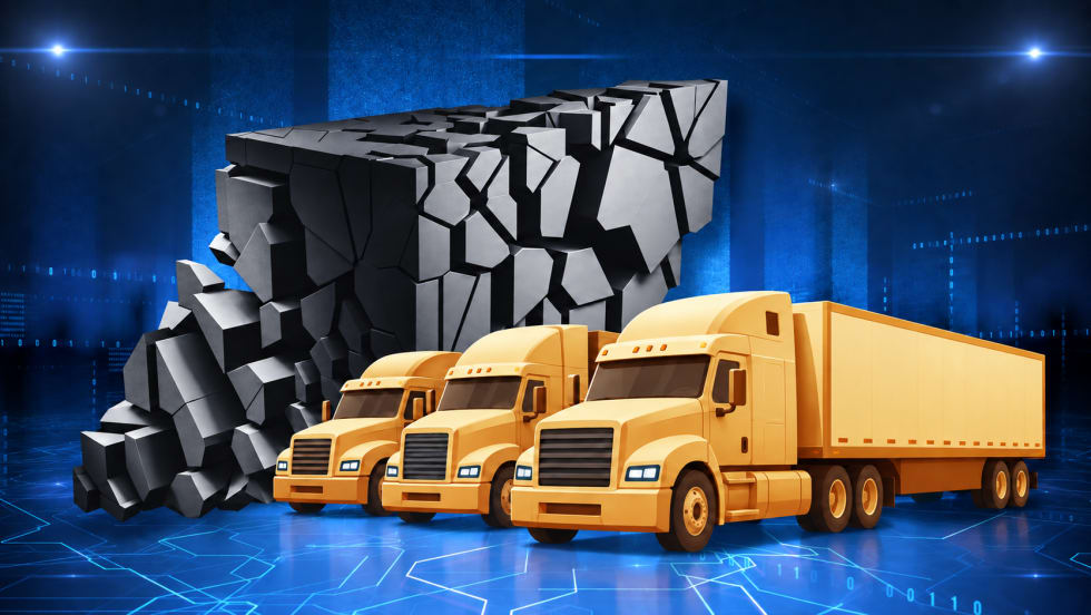Three generic semi-trucks break through a fractured wall against a dark blue digital background, symbolizing trucking technology overcoming data silos.