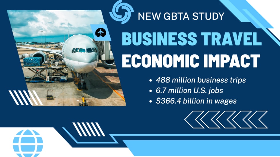 An airplane parked at a gate next to large headline and bullet points about study highlights. 