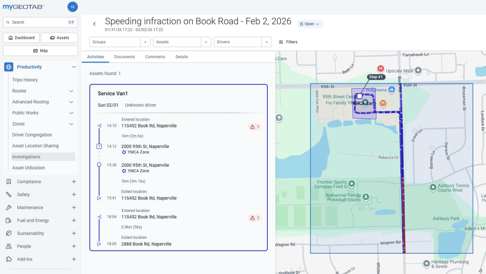 Screen shot of Geotab Investigations dashboard