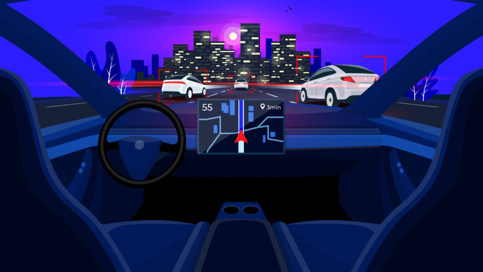 Illustration of a driverless futuristic front seat/dashboard view of other cars on a freeway with city skyline on horizon.