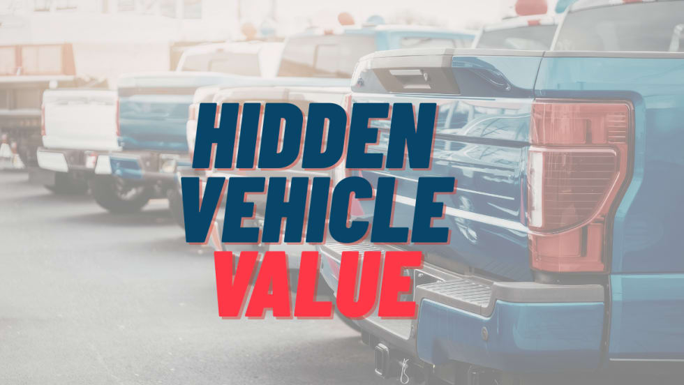 Pickup trucks in a row with overlay "Hidden Vehicle Value"