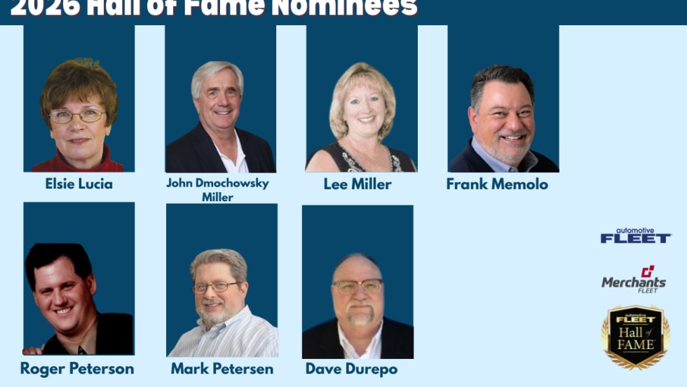 Graphic featuring the seven 2026 Fleet Hall of Fame nominees: Elsie Lucia, John Dmochowsky, Lee Miller, Frank Memolo, Roger Peterson, Mark F. Petersen, and Dave Durepo.