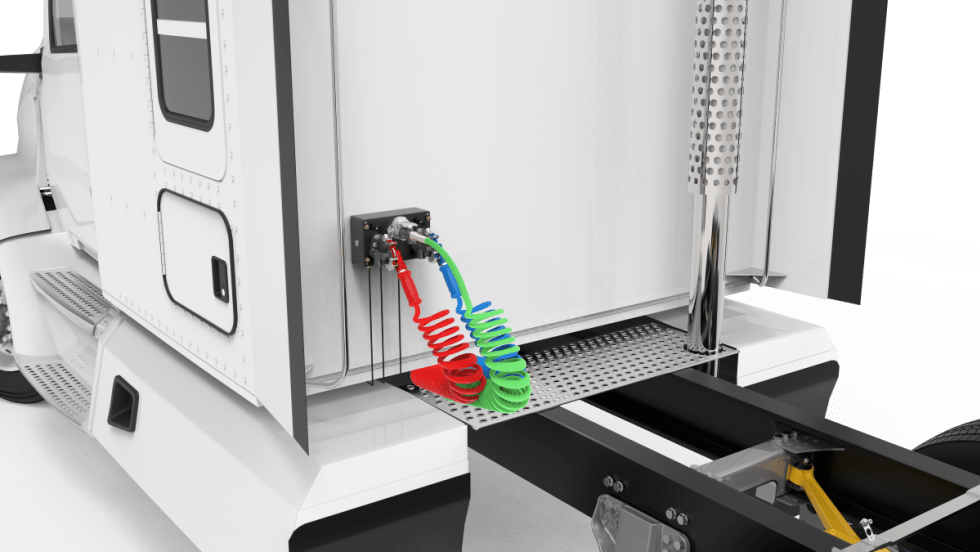 Back of truck cab showing air and electrical line connections