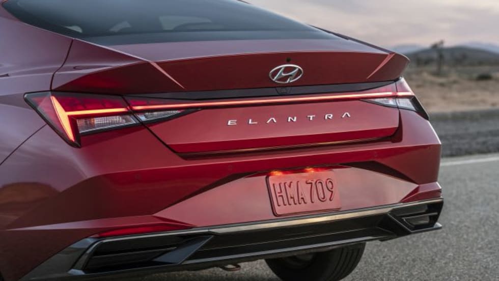 A rear view of a red Hyundai Elantra