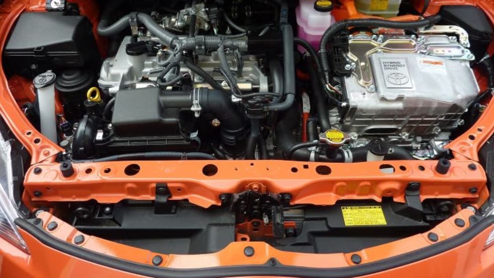 Under the hood of a Toyota Prius EV Hybrid car.