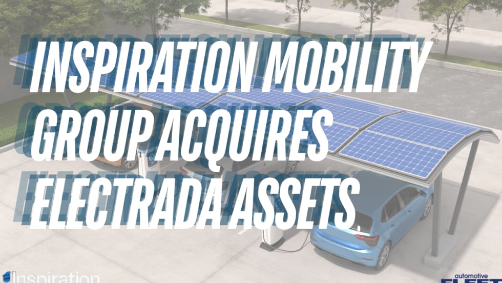 Rendering of electric vehicles charging beneath a solar-panel canopy, illustrating Inspiration Mobility Group’s acquisition of Electrada assets to expand commercial fleet electrification services.