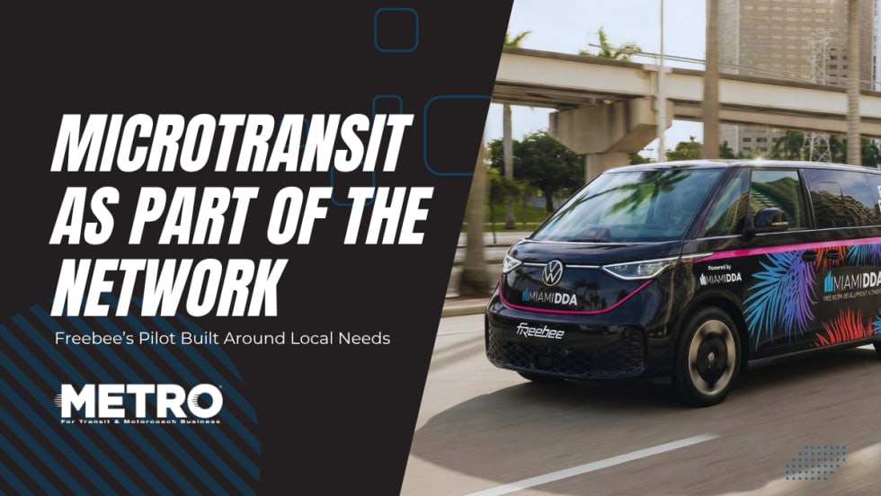 A Freebee microtransit van in Miami with text reading "Microtransit as Part of the Network."