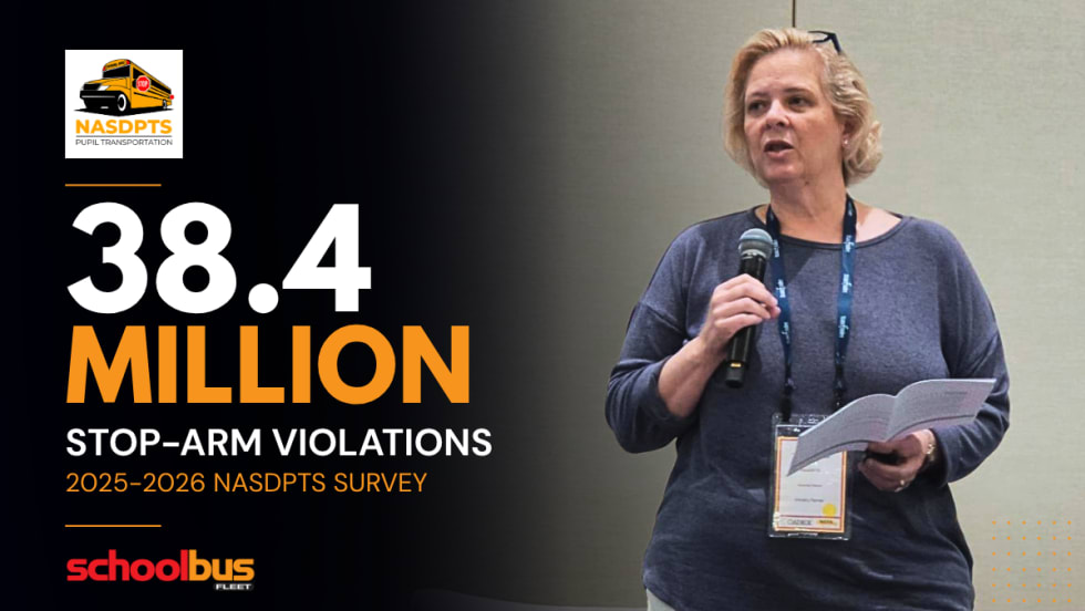 Graphic for a School Bus Fleet news story featuring the NASDPTS logo, a speaker presenting with a microphone, and the headline, "38.4 Million Stop-Arm Violations," highlighting annual illegal school bus passing estimates.