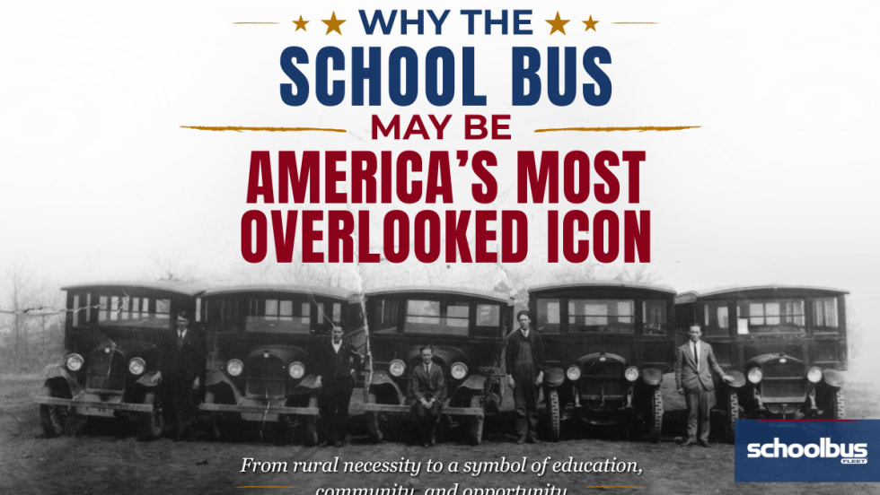 A black and white image of older school buses lined up with text reading "Why the School Bus May Be America's Most Overlooked Icon."