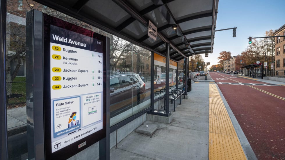 A Massachusetts Bay Transportation Authority bus stop and sign.