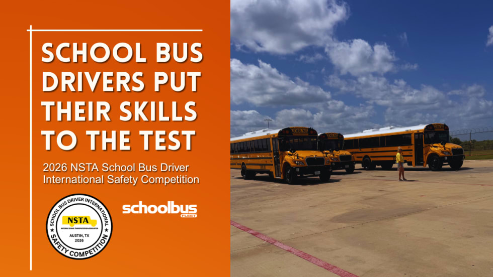School buses at NSTA's SBDISC Roadeo with text reading "School Bus Drivers Put Their Skills to the Test."