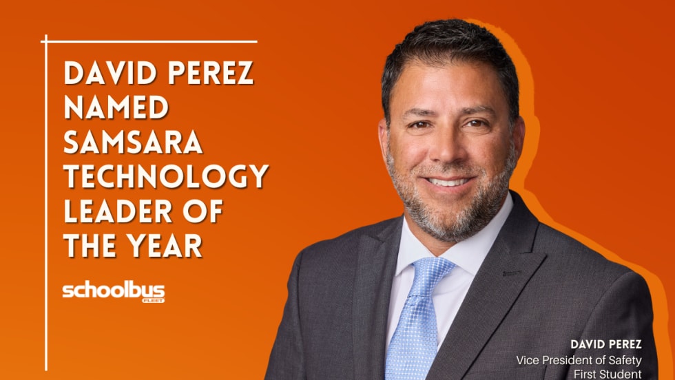 A professional portrait of David Perez on an orange background with text reading "David Perez Named Samsara Technology Leader of the Year."