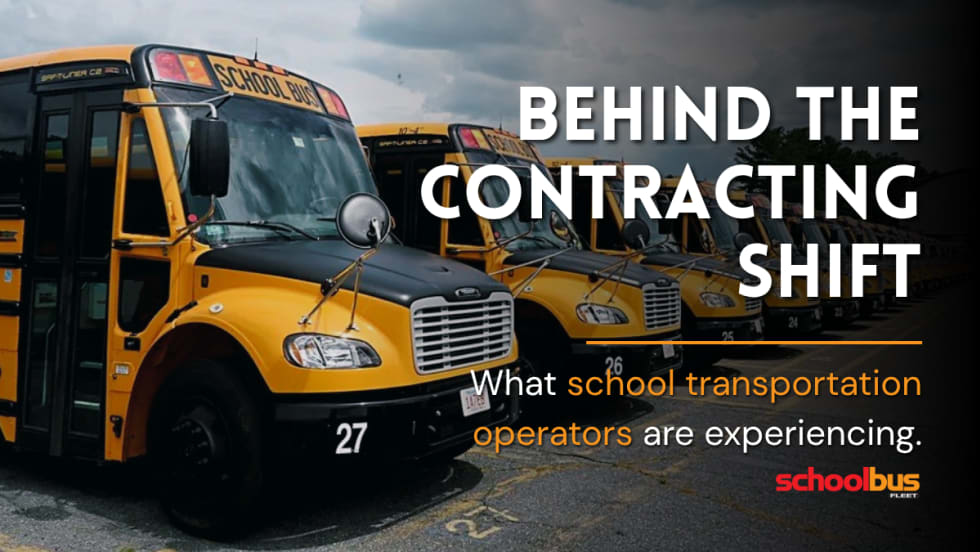 A lineup of Beacon Mobility school buses with text reading "Behind the Contracting Shift."