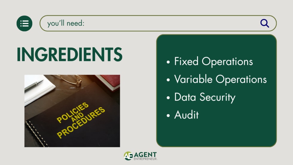 Ingredient card, policies and procedures, fixed operations, variable operations, data security, audit