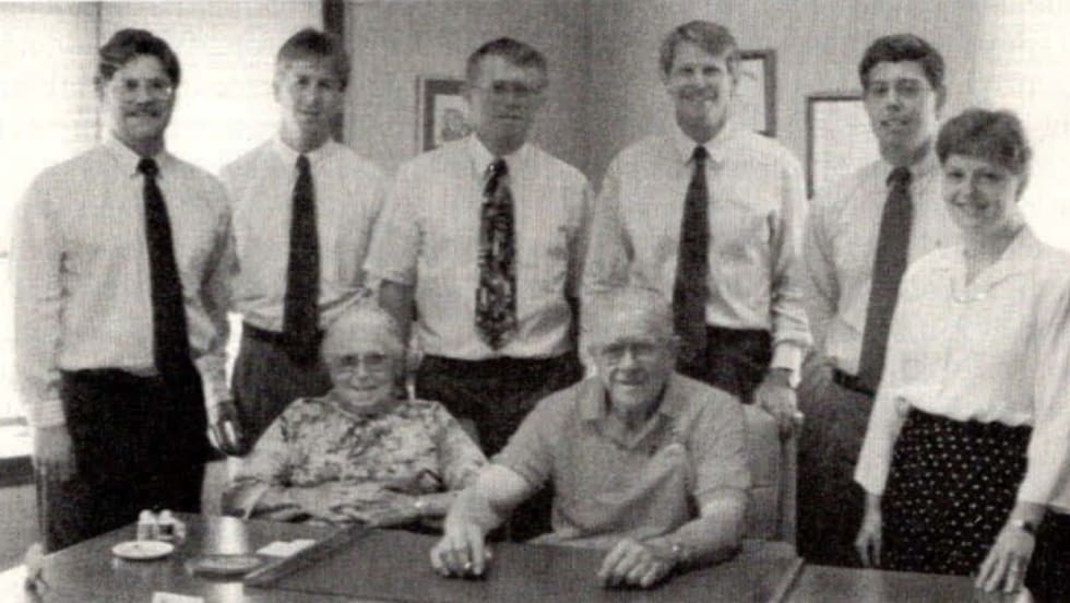 Three generations of the Krapf family and employees pose together at George Krapf Jr. & Sons in Glen Moore, Pennsylvania, after the company was named School Bus Fleet’s 1994 Contractor of the Year.