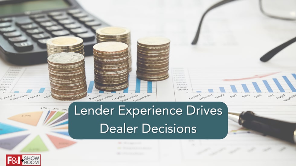 stacks of coins, a calculator, paperwork, and a pair of glasses in the background, text Lender Experience Drives Dealer Decisions, F&I and Showroom