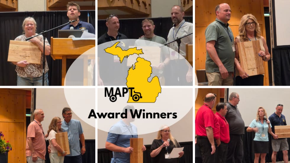 Collage of winners receiving awards during the 61st Annual Michigan Association for Pupil Transportation (MAPT) Conference, featuring recipients posing on stage with engraved wooden plaques and MAPT branding.
