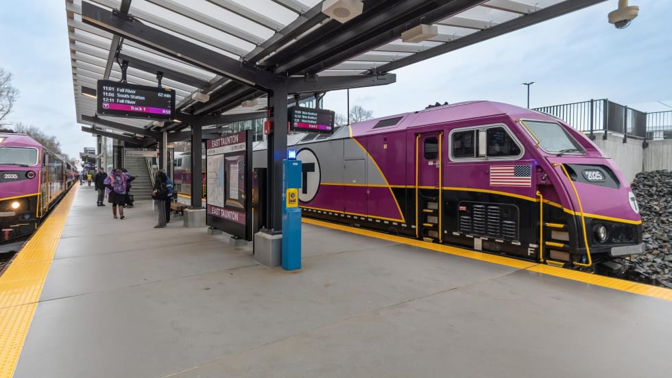 An MBTA commuter rail at a station.
