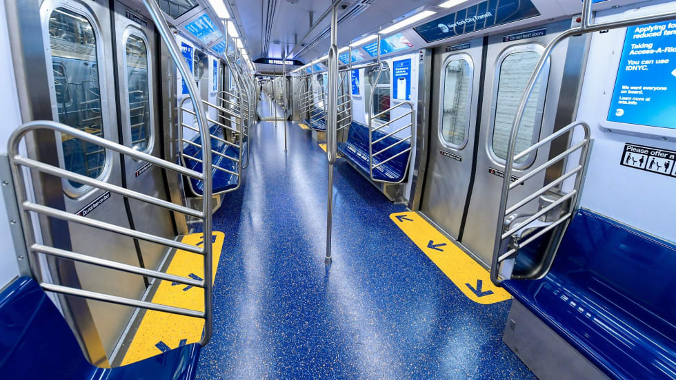 A New York MTA subway car with an open gangway