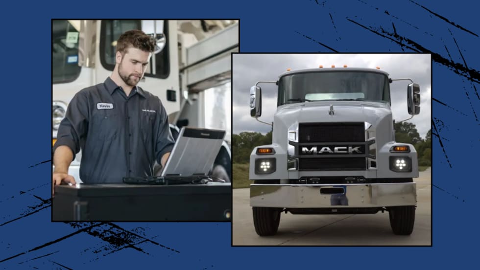 Photos of Mack MD medum-duty truck and Mack technician on a computer in the shop, on a blue background