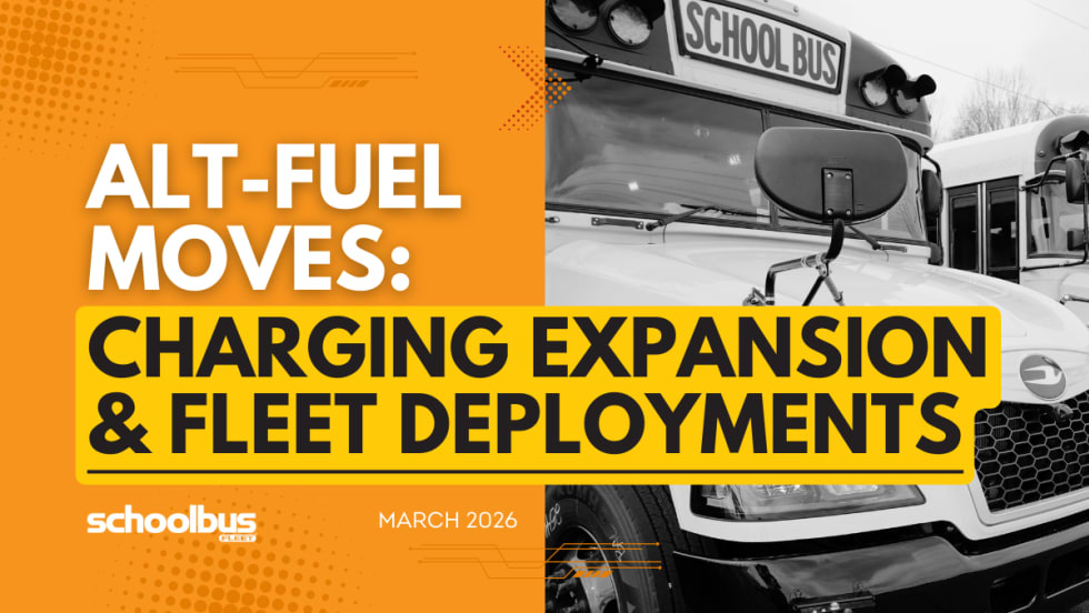 An orange and yellow graphic with a black and white image of Blue Bird propane school buses.