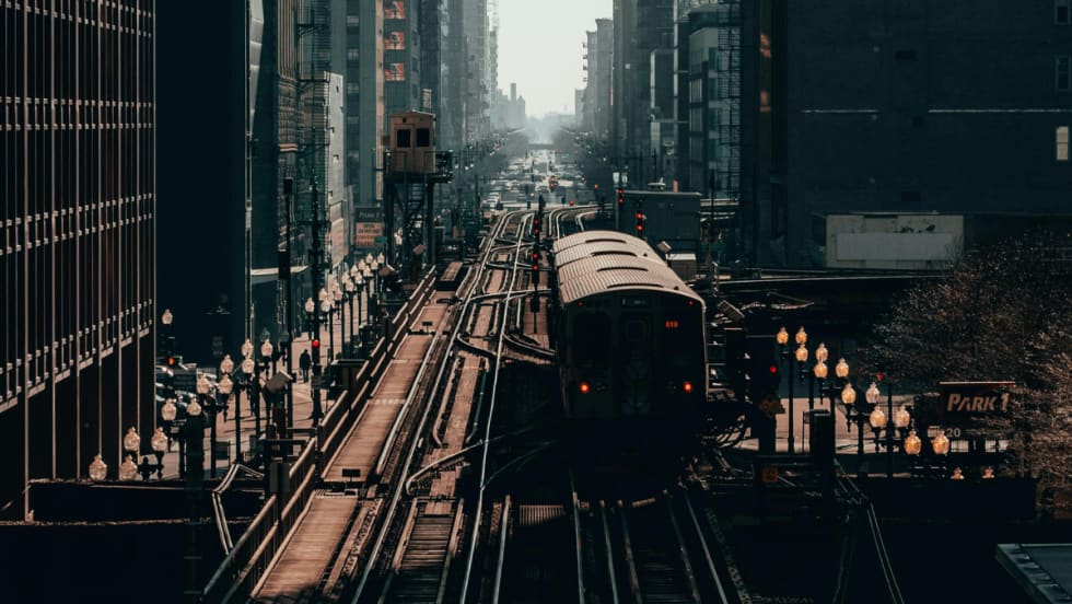 A Chicago rail and rail car in the city.