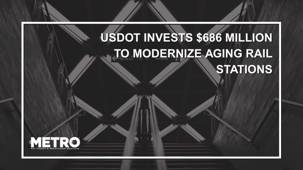 Stairs in a New York rail station with text reading "USDOT Invests $686 Million to Modernize Aging Rail Stations."