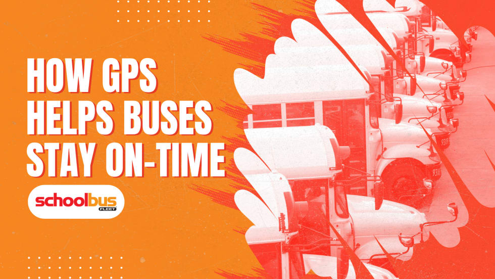 An orange, white, and red graphic with an image of buses lined up in white/red duotone and text reading "How GPS Helps Buses Stay On-Time."