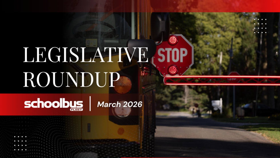 A black, white, and red graphic with an image of a stop-arm gate and text reading "Legislative Roundup March 2026."
