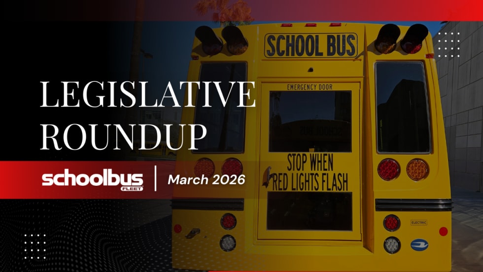 A black, white, and red graphic with an image of the back of a school bus and text reading "Legislative Roundup March 2026."