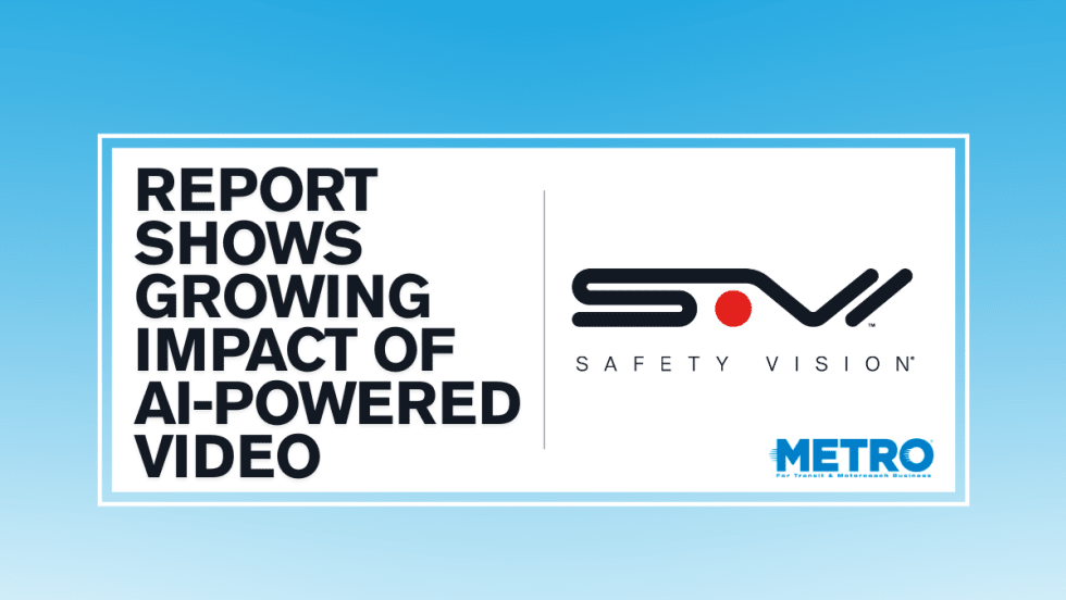 A blue and white graphic with Safety Vision's logo and text reading "Report Shows Growing Impact of AI-Powered Video."