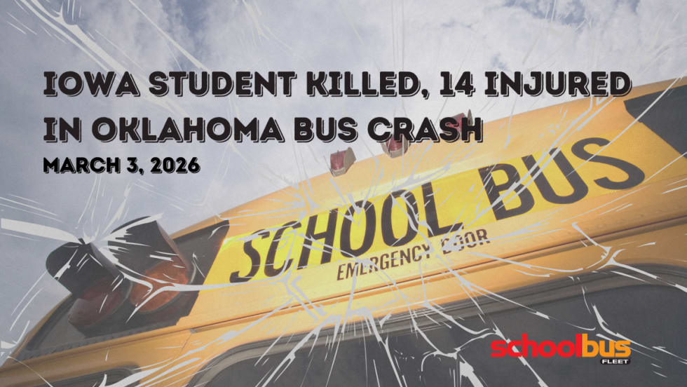 A school bus graphic with text reading "Iowa Student Killed, 14 Injured in Oklahoma Bus Crash."