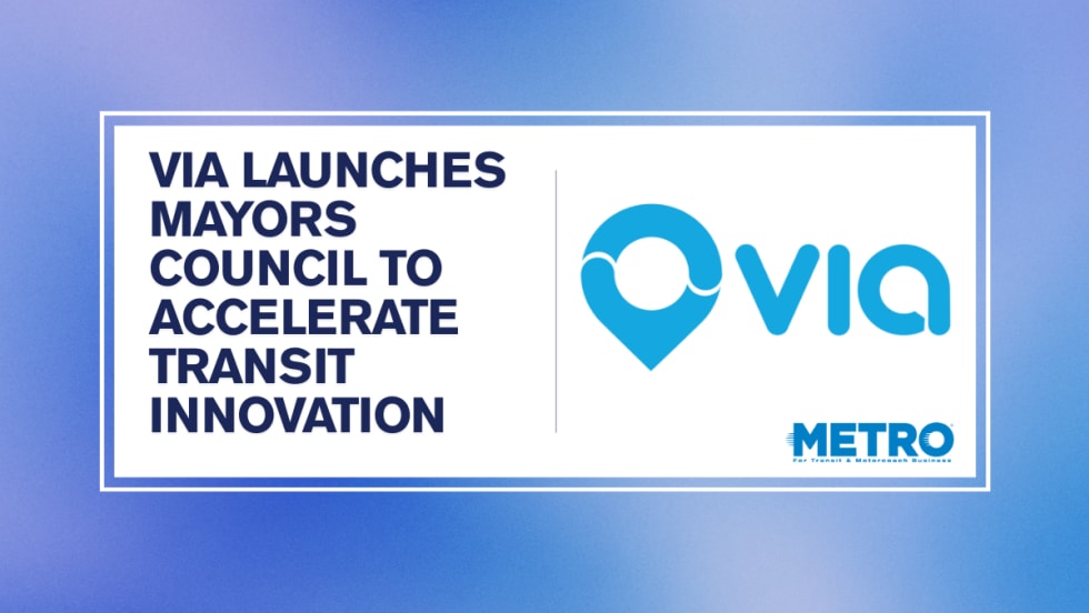 A blue and white graphic with text reading "Via Launches Mayors Council to Accelerate Transit Innovation."