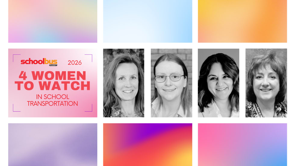 A colorful graphic with 4 portraits and text reading "4 Women to Watch in School Transportation."