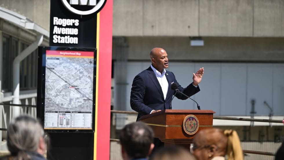 Governor Moore speaking at Maryland light rail station