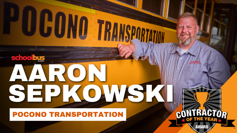 Aaron Sepkowski poses next to a Pocono Transportation school bus. Text read "Aaron Sepkowski, Pocono Transportion," alongside a SBF Contractor of the Year logo.