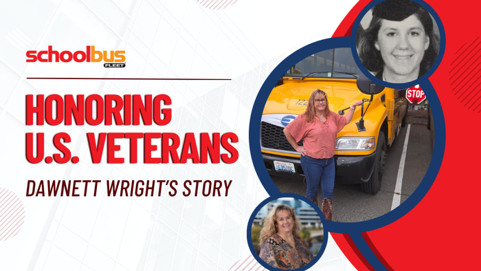 A red, white, and blue graphic with pictures of Dawnett Wright and text reading "Honoring U.S. Veterans: Dawnett Wright's Story."