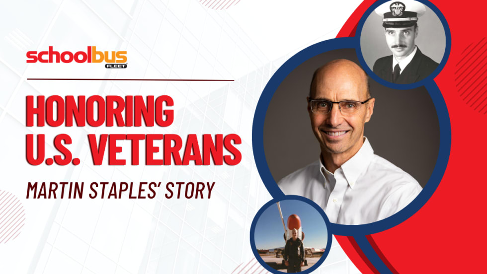 A red, white, and blue graphic with pictures of Martin Staples and text reading "Honoring U.S. Veterans: Martin Staples' Story."