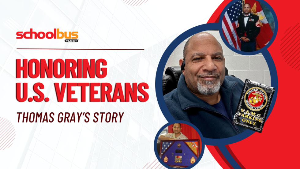A red, white, and blue graphic with pictures of Thomas Gray and text reading "Honoring U.S. Veterans: Thomas Gray's Story."
