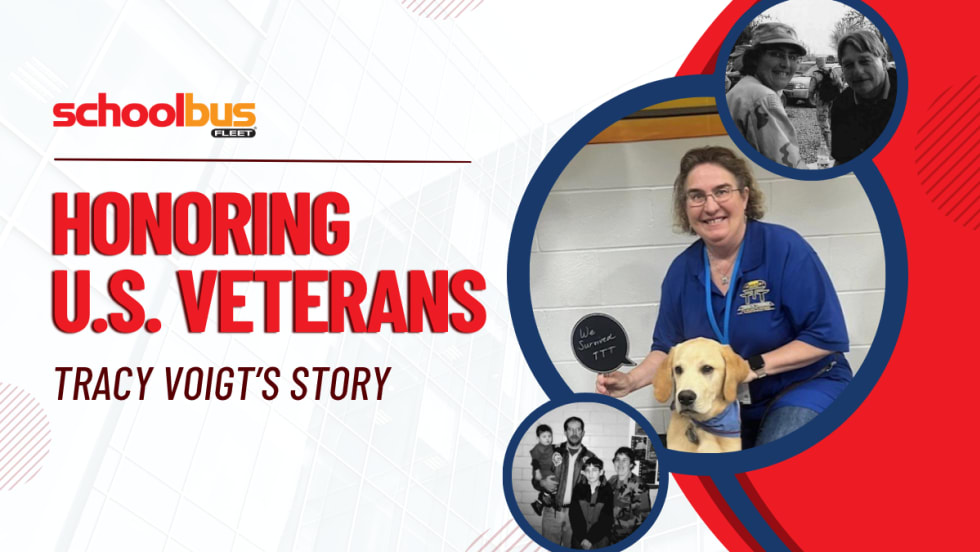 A red, white, and blue graphic with pictures of Tracy Voigt and text reading "Honoring U.S. Veterans: Tracy Voigt's Story."