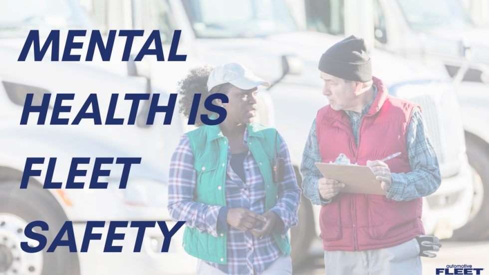 Two fleet employees talk beside work trucks beneath the words “Mental Health Is Fleet Safety,” highlighting the connection between employee mental health and fleet safety.