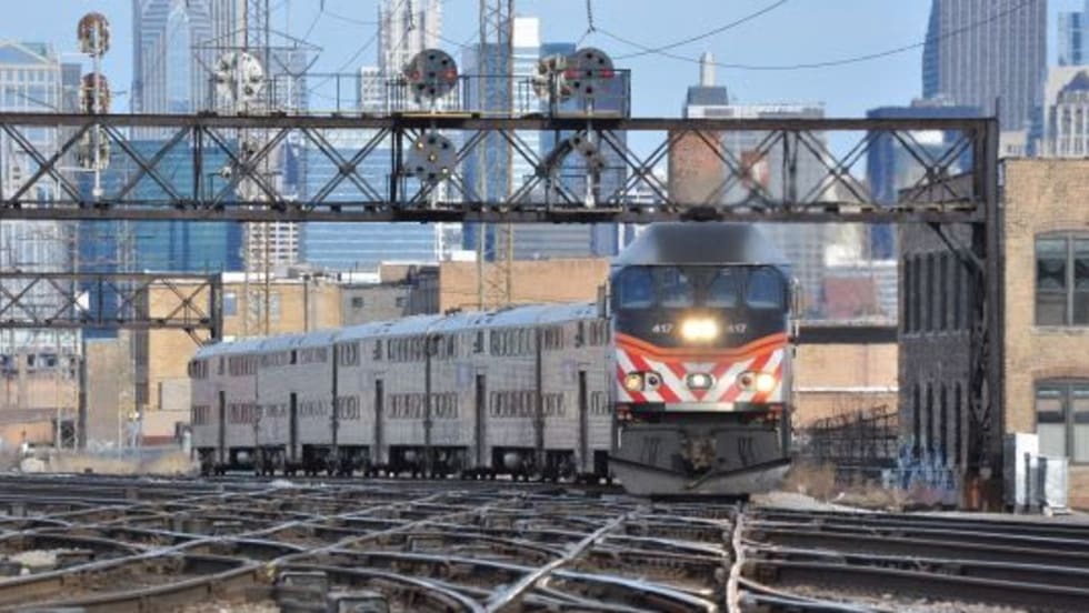 A Chicago Metra train on rail tracks
